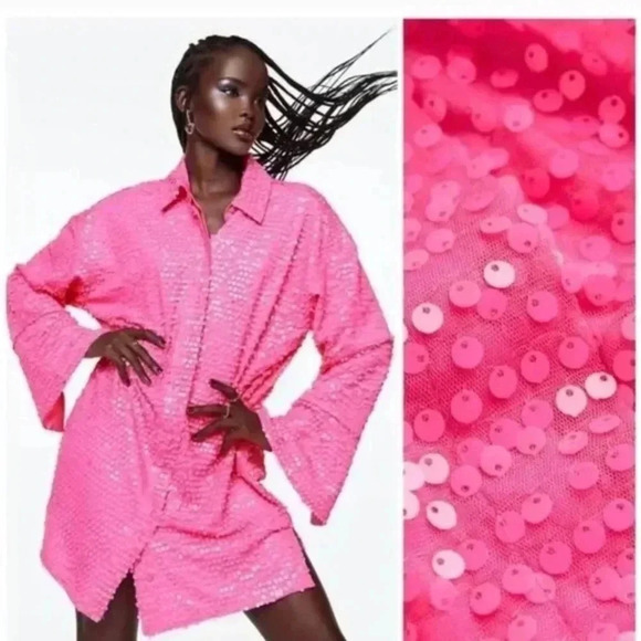 H&M pink sequins shirt mini dress button down Barbiecore long sleeve eras tour - Picture 1 of 8